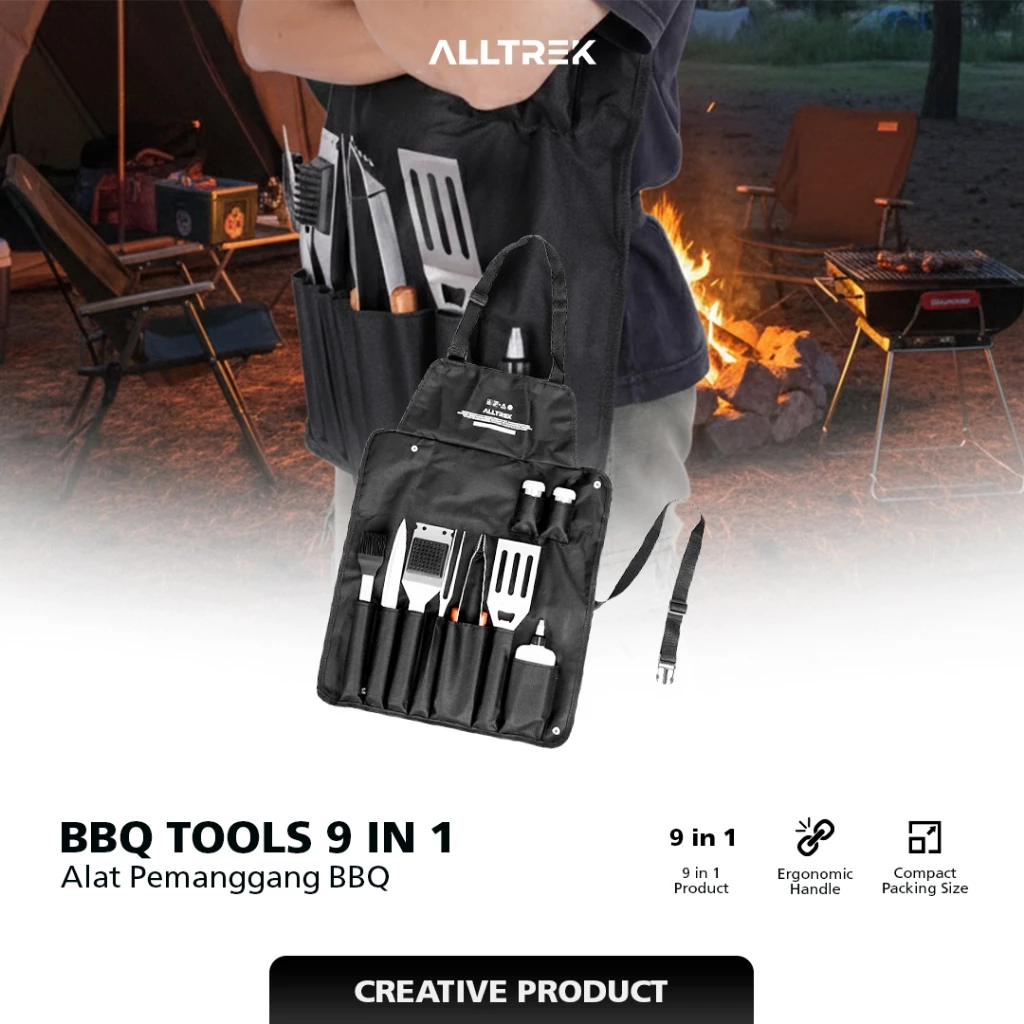 ALLTREK Alat Perlengkapan BBQ Lengkap Stainless Steel Tools Set 9 in 1 + Apron