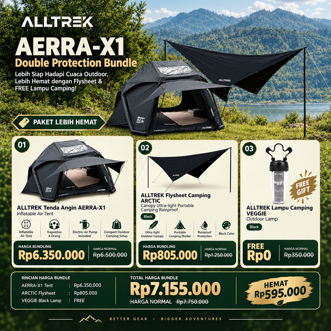 ALLTREK Paket Camping Hemat AERRA-X1 Inflatable Air Tent Bundle + Flysheet ARCTIC Black + FREE Lampu Camping VEGGIE