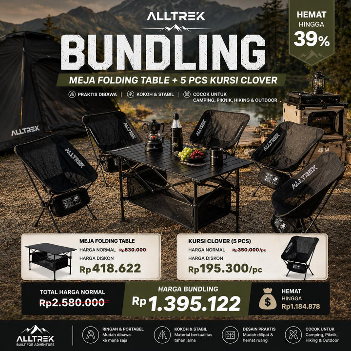 ALLTREK Paket Meja &amp; 5 Kursi Camping | Folding Table + Clover Chair | Outdoor Camping Set