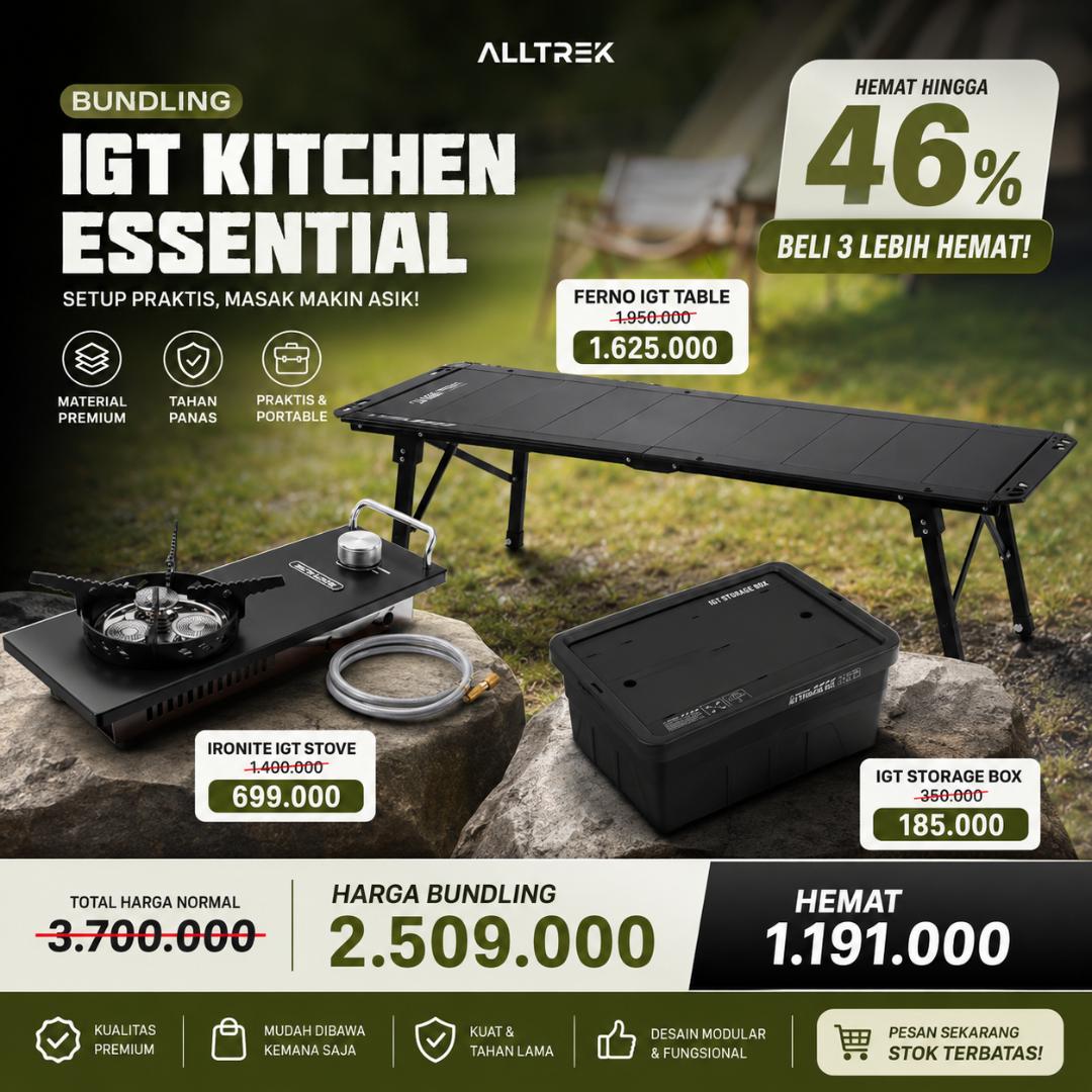 ALLTREK Paket Bundling Cooking Set IGT Meja Camping Ferno Folding Table Aluminium + Kompor IGT Ironite + Storage Box Outdoor
