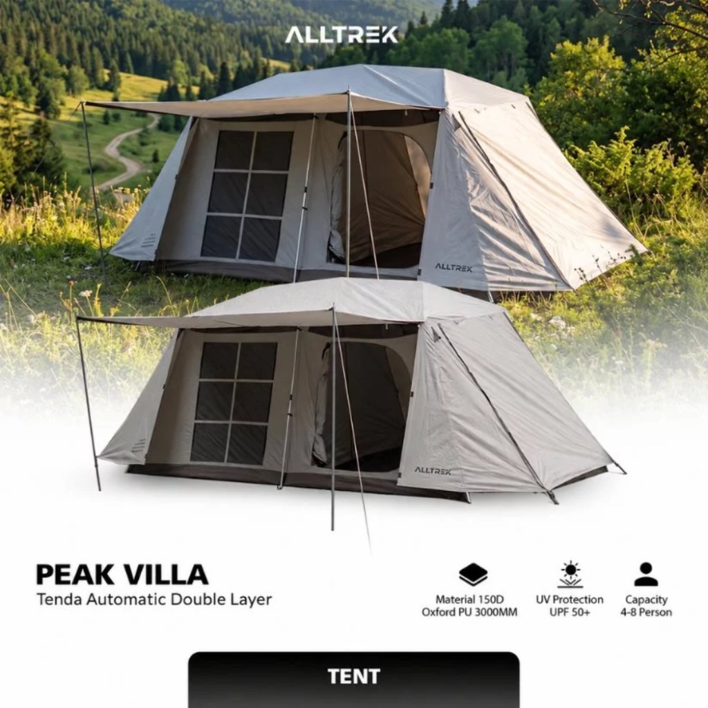 ALLTREK Peak Villa Tenda Camping Keluarga 4-6 Orang Bundle Glamping Premium + Kasur Grande + Paket Meja Kursi (Kursi Kermit + Arvena/Folding Durable) + Lampu Heritage
