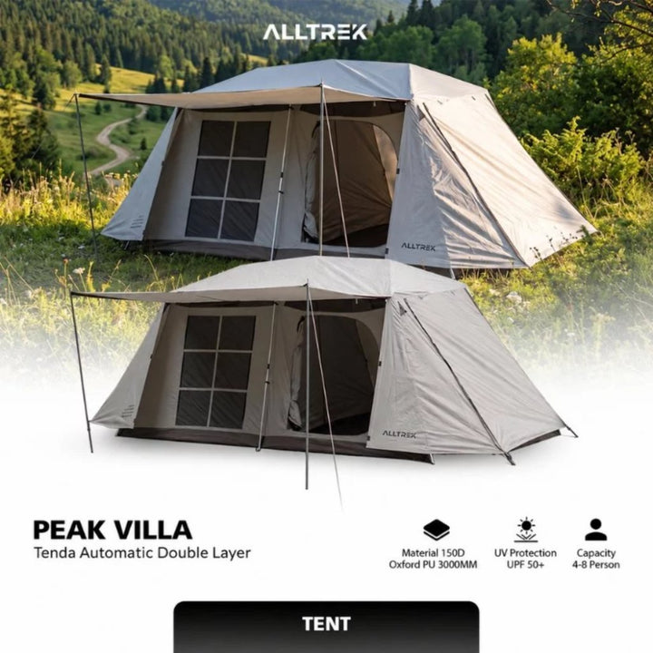 ALLTREK Peak Villa Tenda Camping Keluarga 4-6 Orang Bundle Glamping Premium + Kasur Grande + Paket Meja Kursi (Kursi Kermit + Arvena/Folding Durable) + Lampu Heritage