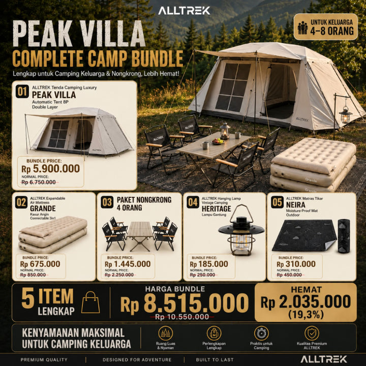 ALLTREK Peak Villa Tenda Camping Keluarga 4-6 Orang Bundle Glamping Premium + Kasur Grande + Paket Meja Kursi (Kursi Kermit + Arvena/Folding Durable) + Lampu Heritage