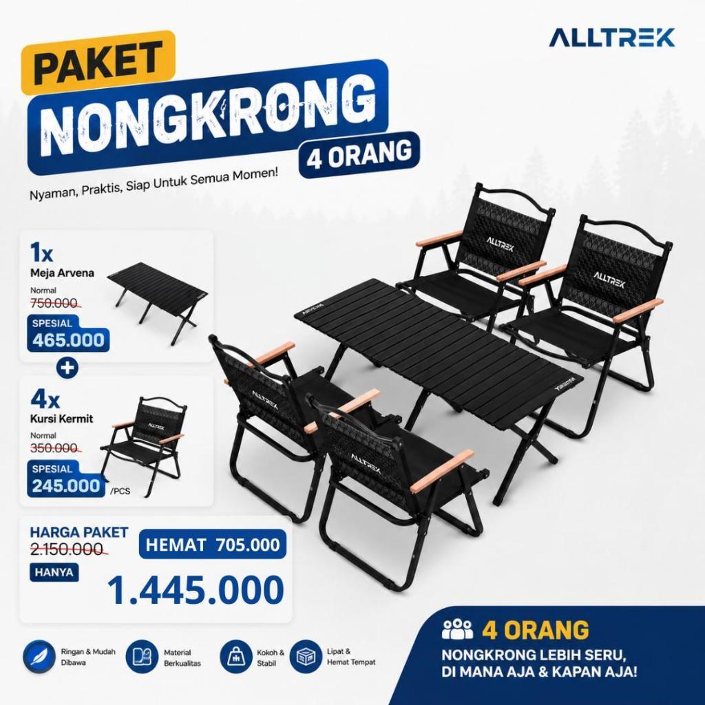 ALLTREK Paket Nongkrong Camping 4 Orang Meja Arvena + 4 Kursi Kermit Lipat Outdoor Camping