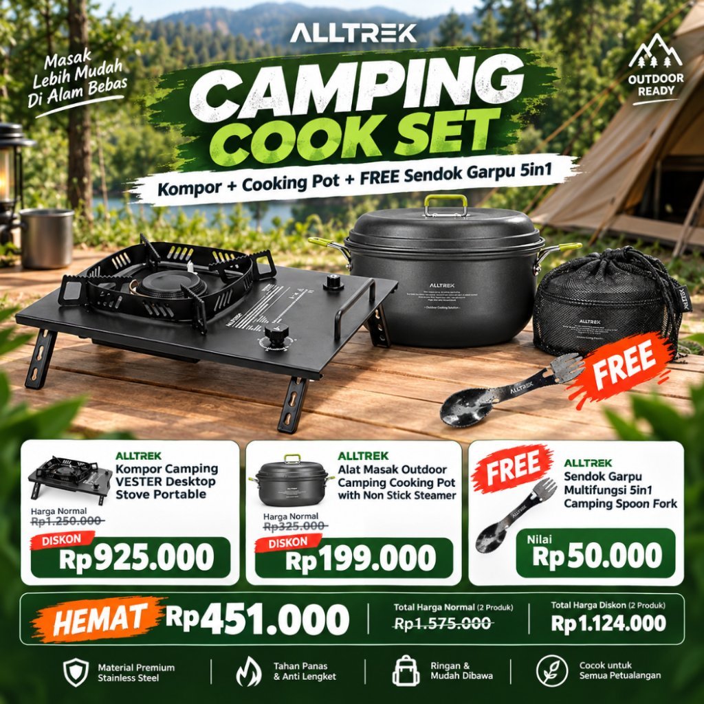 ALLTREK Camping Cook Set Kompor Vester + Cooking Pot + FREE Sendok Garpu 5in1