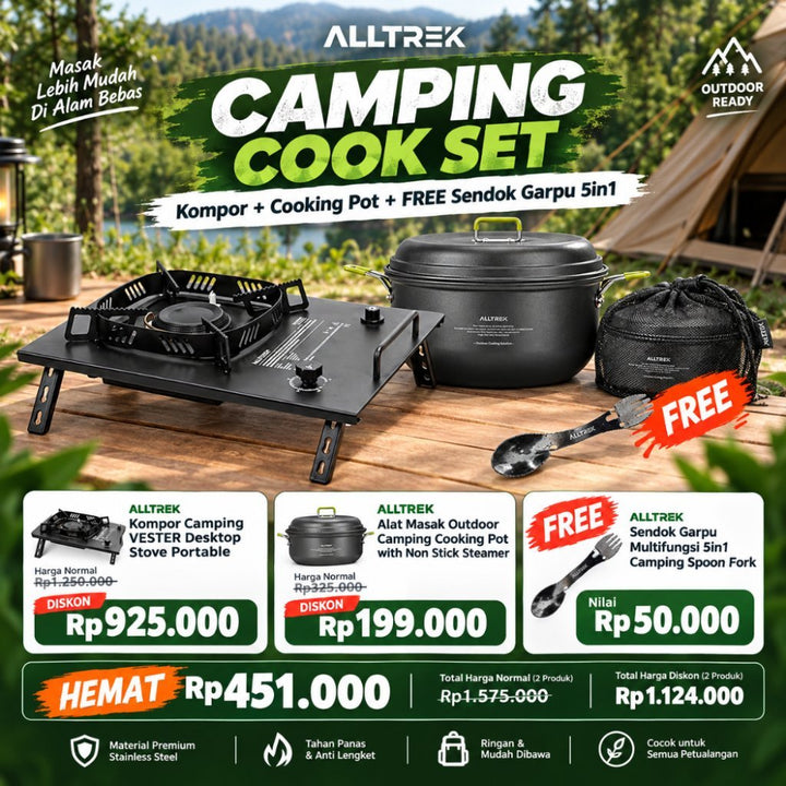 ALLTREK Camping Cook Set Kompor Vester + Cooking Pot + FREE Sendok Garpu 5in1