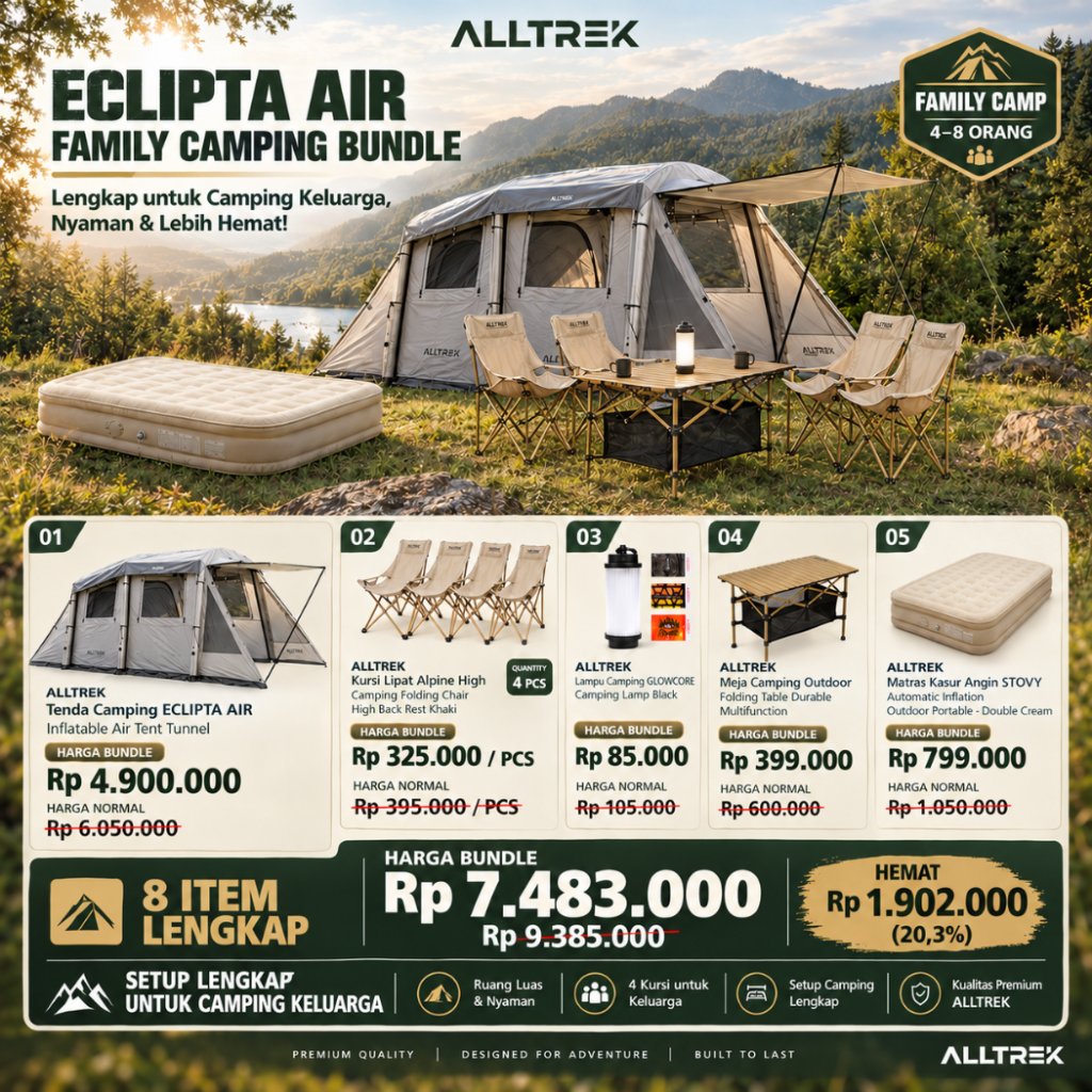 ALLTREK ECLIPTA AIR Paket Camping Keluarga 4-8 Orang Tenda Inflatable Air Tent + 4 Kursi Camping + Meja + Lampu + Kasur Angin