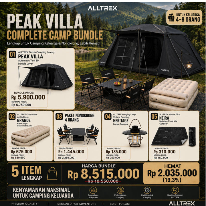 ALLTREK Peak Villa Tenda Camping Keluarga 4-6 Orang Bundle Glamping Premium + Kasur Grande + Paket Meja Kursi (Kursi Kermit + Arvena/Folding Durable) + Lampu Heritage