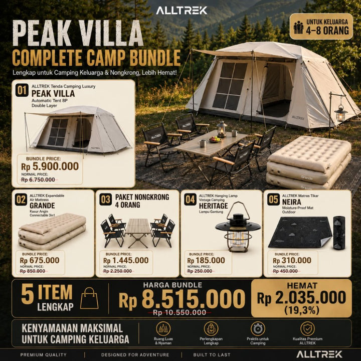 ALLTREK Peak Villa Tenda Camping Keluarga 4-6 Orang Bundle Glamping Premium + Kasur Grande + Paket Meja Kursi (Kursi Kermit + Arvena/Folding Durable) + Lampu Heritage