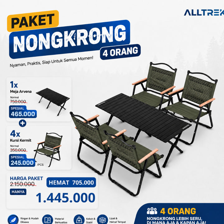 ALLTREK Paket Nongkrong Camping 4 Orang Meja Arvena + 4 Kursi Kermit Lipat Outdoor Camping