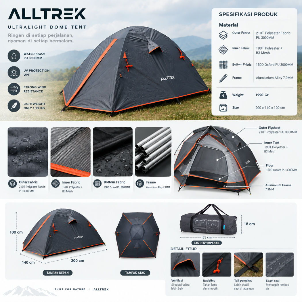 ALLTREK Tenda Hiking GRAVINIX 1-2 Orang Waterproof PU3000 Tenda Gunung Ultralight Aluminium Camping