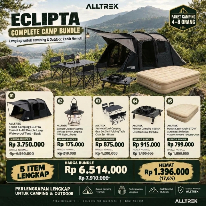 ALLTREK ECLIPTA Complete Camp Bundle Paket Camping 5in1 Tenda 4-8 Orang + Lampu + 1 Meja 4 Kursi + Kompor + Kasur Angin