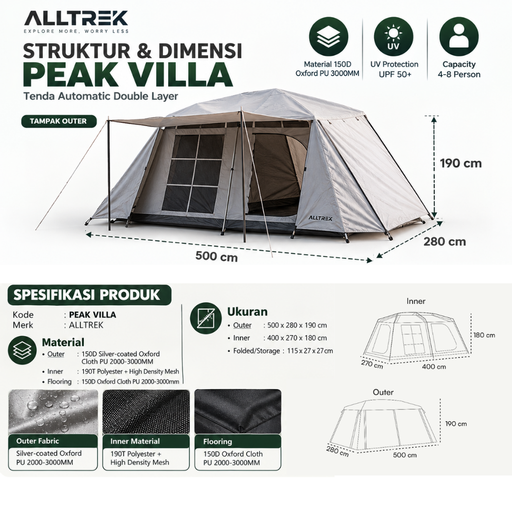 ALLTREK Tenda Otomatis PEAK VILLA Camping Glamping Luxury Double Layer