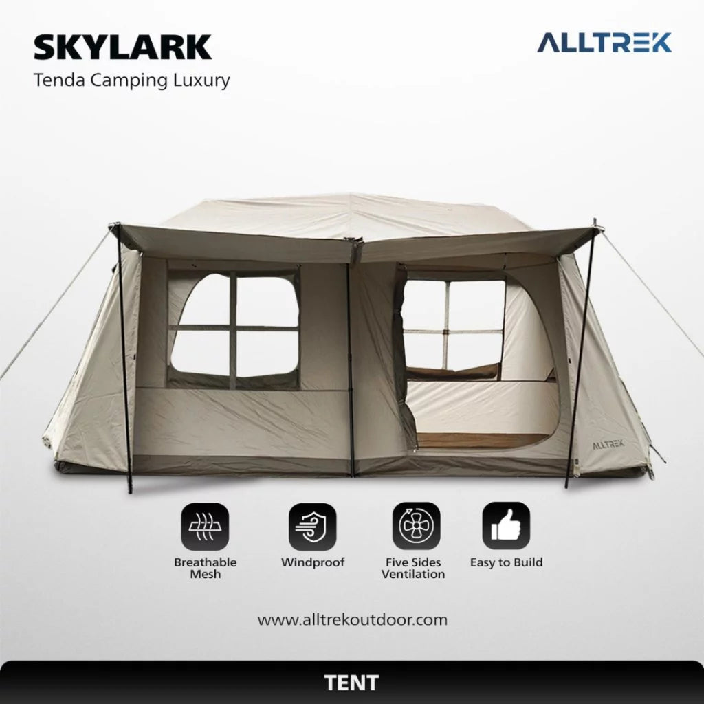 ALLTREK Paket Tenda Camping Skylark 4-6 Orang Bundle Glamping Premium + Kasur Camping GRANDE + Meja Lipat ARVENA + Kursi LITE + Lampu Camping HERITAGE