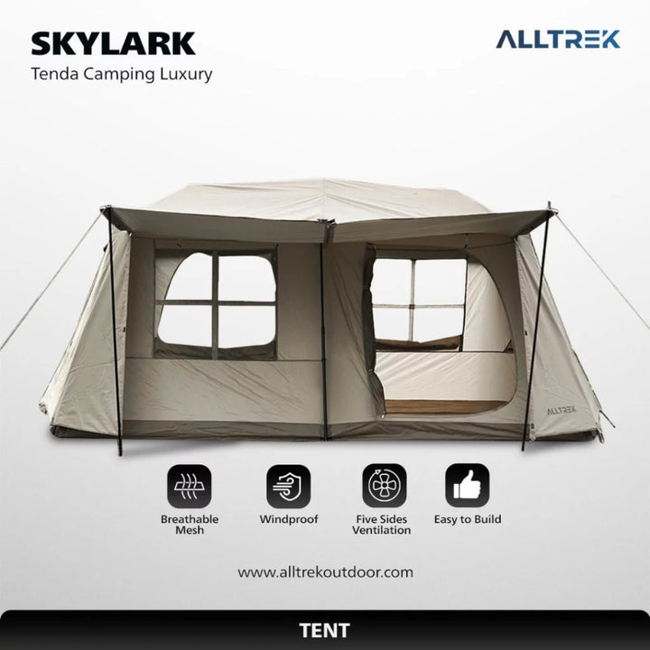 ALLTREK Paket Tenda Camping Skylark 4-6 Orang Bundle Glamping Premium + Kasur Camping GRANDE + Meja Lipat ARVENA + Kursi LITE + Lampu Camping HERITAGE